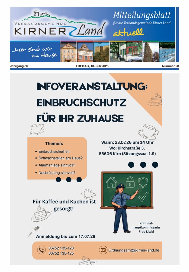 Mitteilungsblatt für den Bereich der Verbandsgemeinde Kirner Land Titelblatt 28/2026
