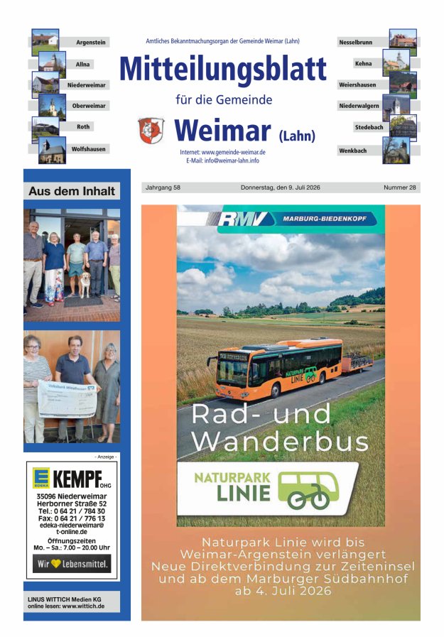 Mitteilungsblatt für die Gemeinde Weimar Titelblatt 28/2026