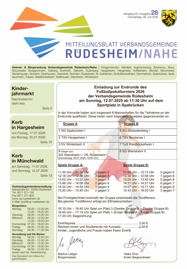 Mitteilungsblatt Verbandsgemeinde Rüdesheim und zugehörige Ortsgemeinden Titelblatt 28/2026