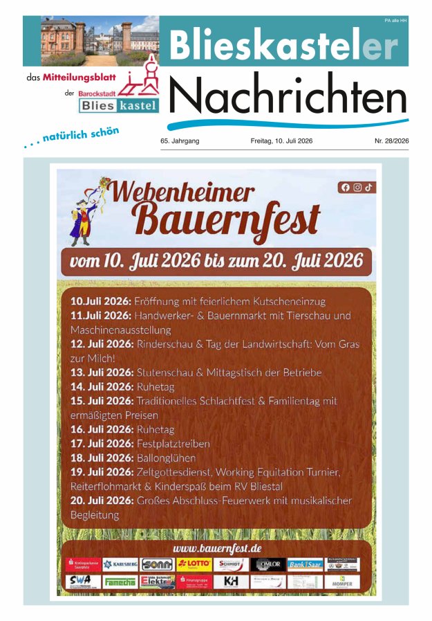 Blieskasteler Nachrichten  Titelblatt 28/2026
