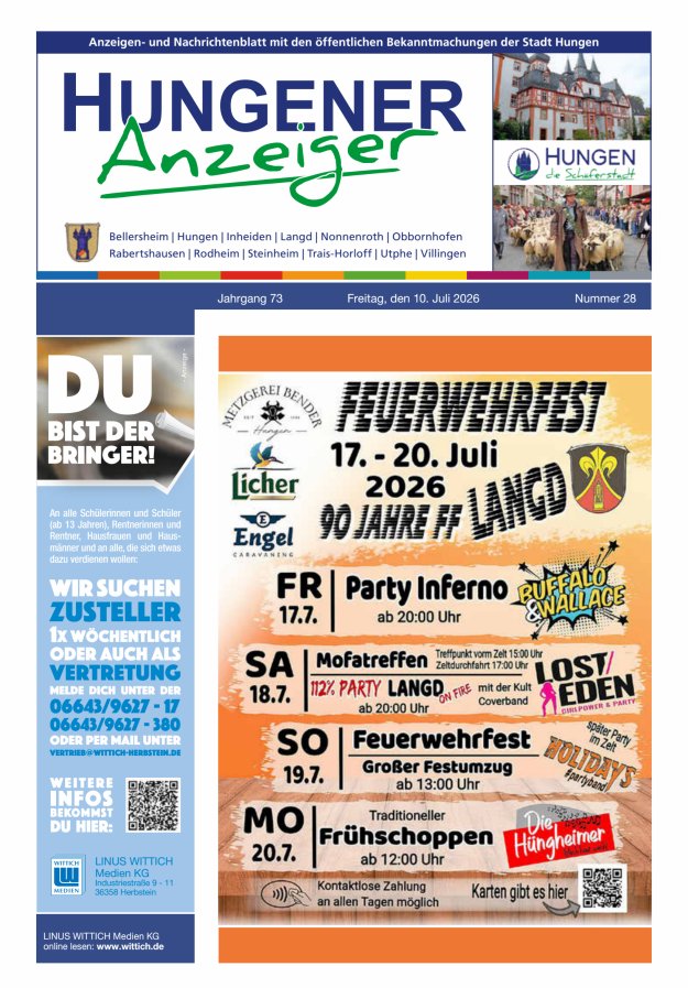 Anzeigen- und Nachrichtenblatt mit den öff  Bekanntmachungen der Stadt Hungen Titelblatt 28/2026