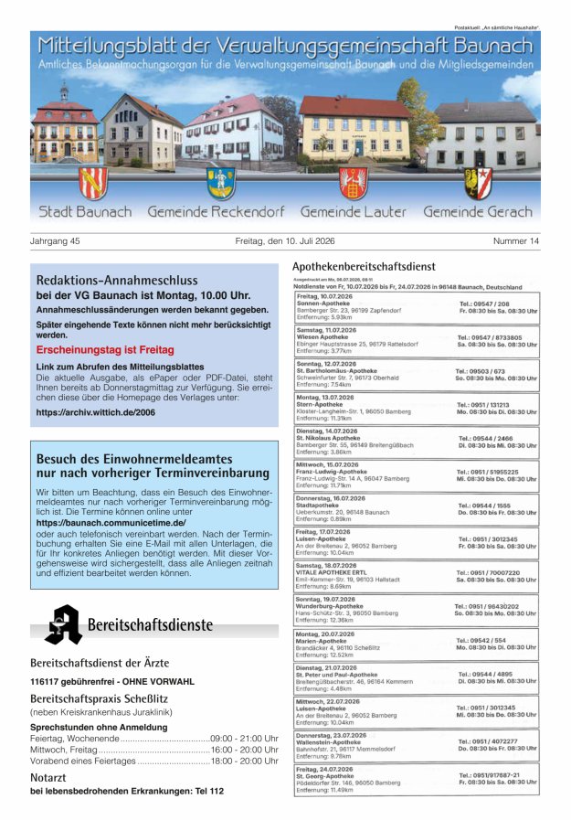 Mitteilungsblatt Verwaltungsgemeinschaft Baunach Titelblatt 14/2026