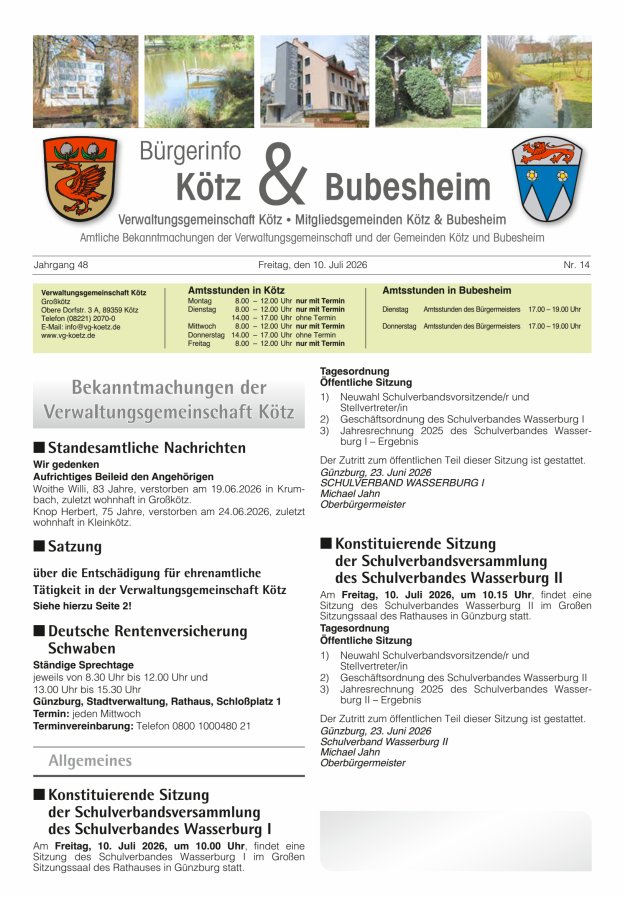 Amtsblatt der VG Kötz und der Mitgliedsgemeinden Titelblatt 14/2026