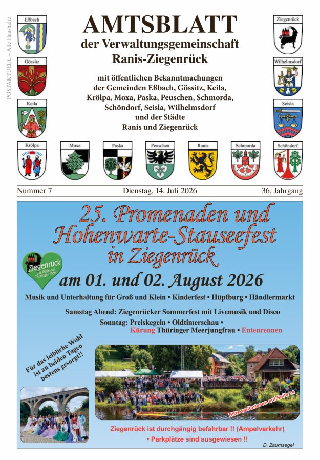 Amtsblatt der Verwaltungsgemeinschaft Ranis-Ziegenrück Titelblatt 07/2026