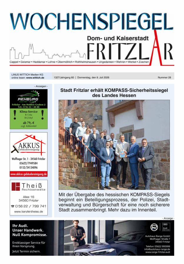 Wochenspiegel Dom- und Kaiserstadt Fritzlar Titelblatt 28/2026
