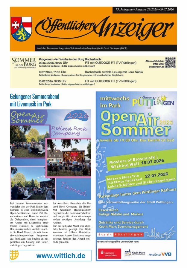 Öffentlicher Anzeiger - Stadt Püttlingen Titelblatt 28/2026