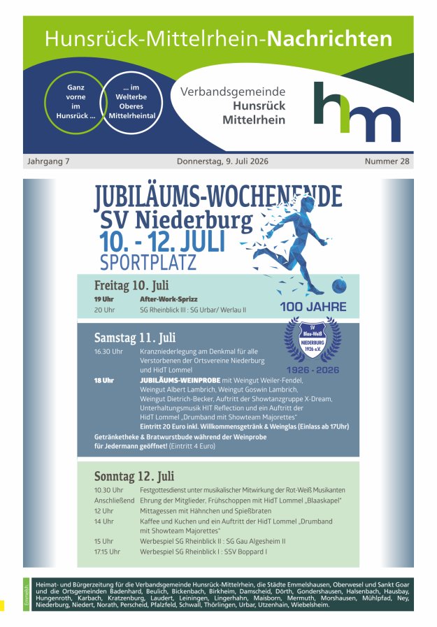 Hunsrück-Mittelrhein Nachrichten Ausgabe Emmelshausen Titelblatt 28/2026