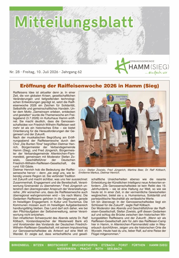 Mitteilungsblatt Hamm (Sieg) Titelblatt 28/2026