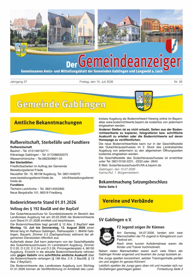 Der Gemeindeanzeiger - Gablingen Langweid Titelblatt 28/2026
