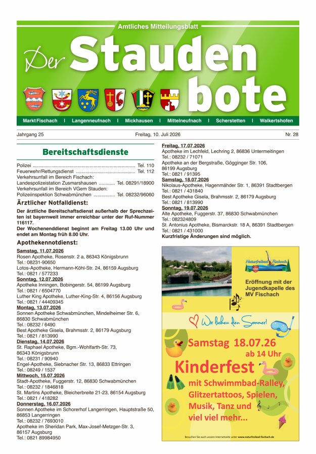 Staudenbote Amtliches Mitteilungsblatt Titelblatt 28/2026