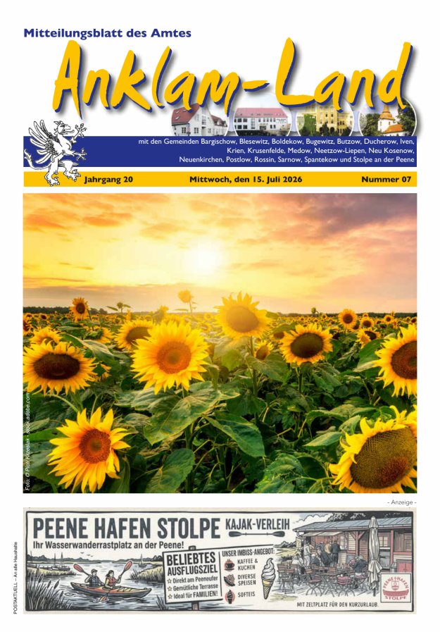 Mitteilungsblatt des Amtes Anklam-Land Titelblatt 07/2026