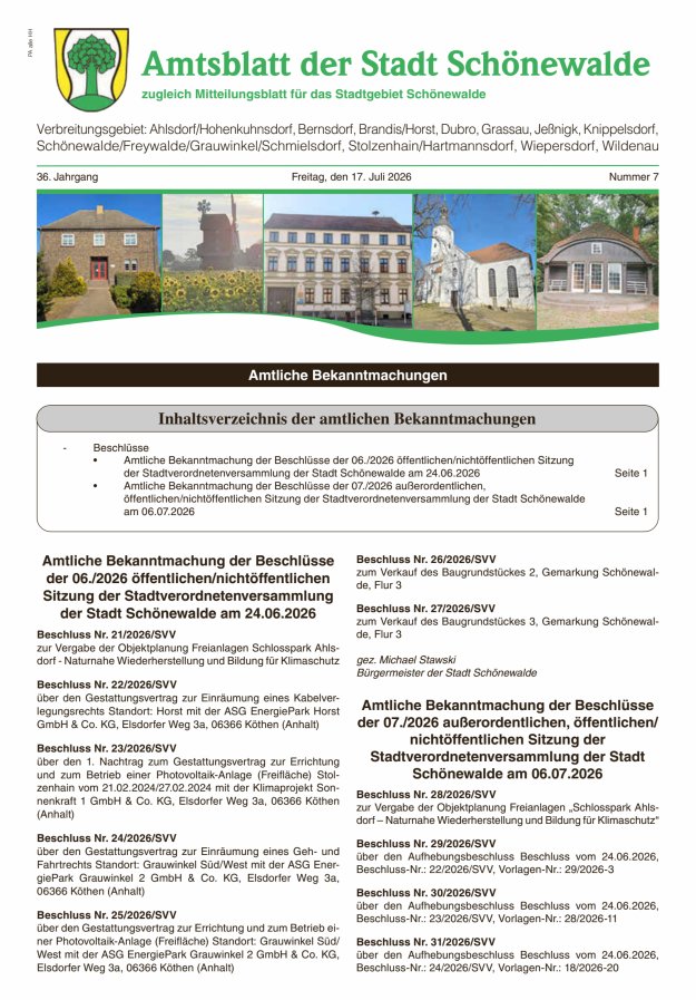 Amtsblatt der Stadt Schönewalde - Mitteilungsblatt für das Stadtgebiet Titelblatt 07/2026