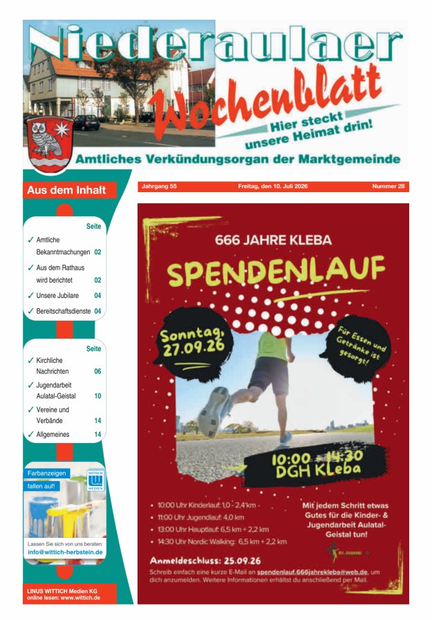 Niederaulaer Wochenblatt Titelblatt 28/2026
