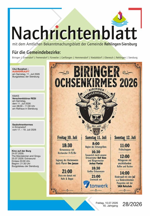 Nachrichtenblatt Rehlingen-Siersburg Titelblatt 28/2026