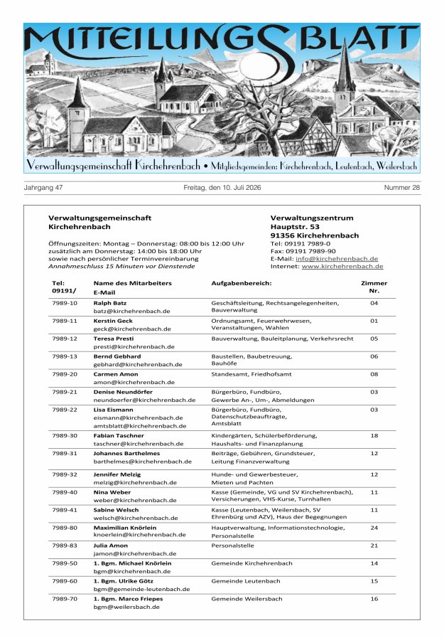 Mitteilungsblatt Verwaltungsgemeinschaft Kirchehrenbach Titelblatt 28/2026