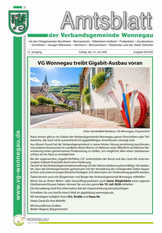 Amtsblatt VG Wonnegau Titelblatt 28/2026