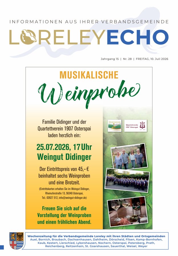Loreley-Echo - Mitteilungsblatt der Verbandsgemeinde Loreley (Braubach) Titelblatt 27/2026