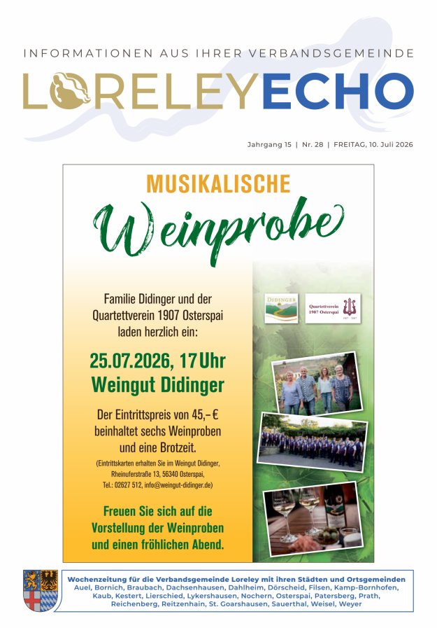 Loreley-Echo - Mitteilungsblatt der Verbandsgemeinde Loreley Titelblatt 28/2026