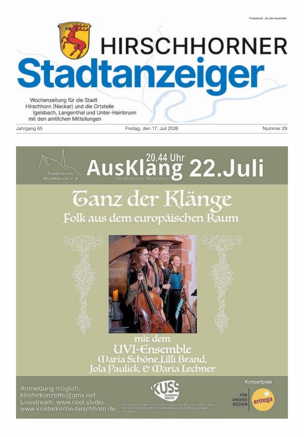 Hirschhorner Stadtanzeiger Titelblatt 29/2026