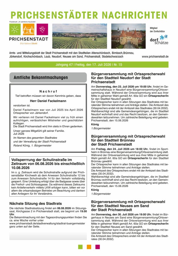 Prichsenstädter Nachrichten Titelblatt 15/2026