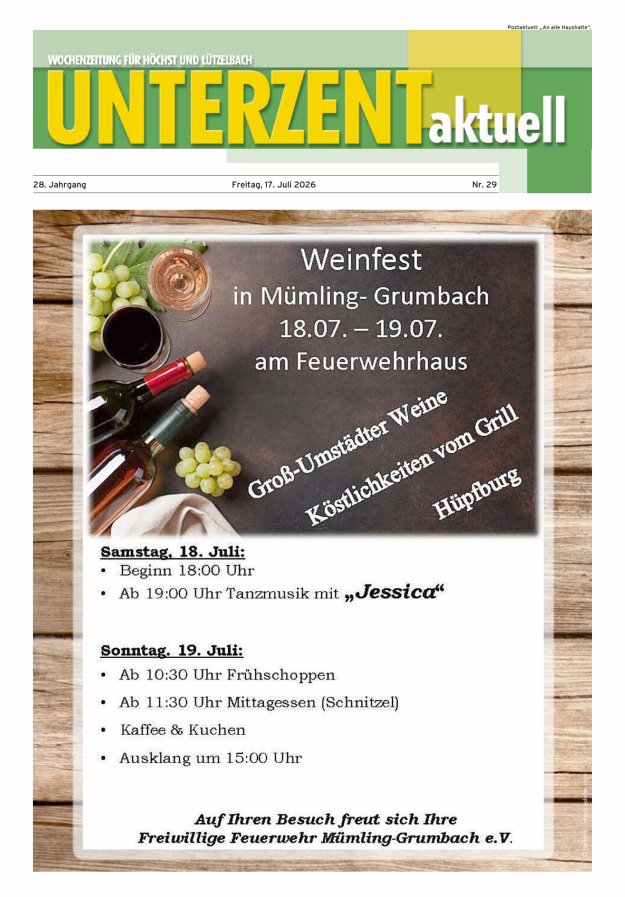 Unterzent aktuell Wochenzeitung für Höchst und Lützelbach Titelblatt 29/2026
