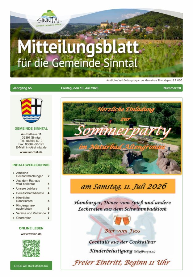 Mitteilungsblatt für die Gemeinde Sinntal Titelblatt 28/2026