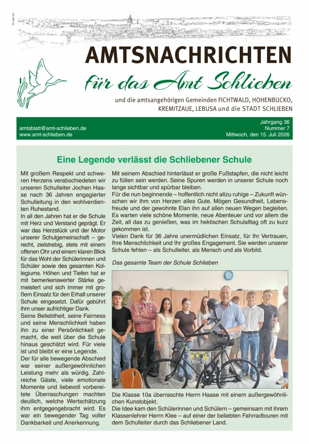 Amtsnachrichten – Amtsblatt für das Amt Schlieben und die amtsangehörigen Gemeinden Titelblatt 07/2026