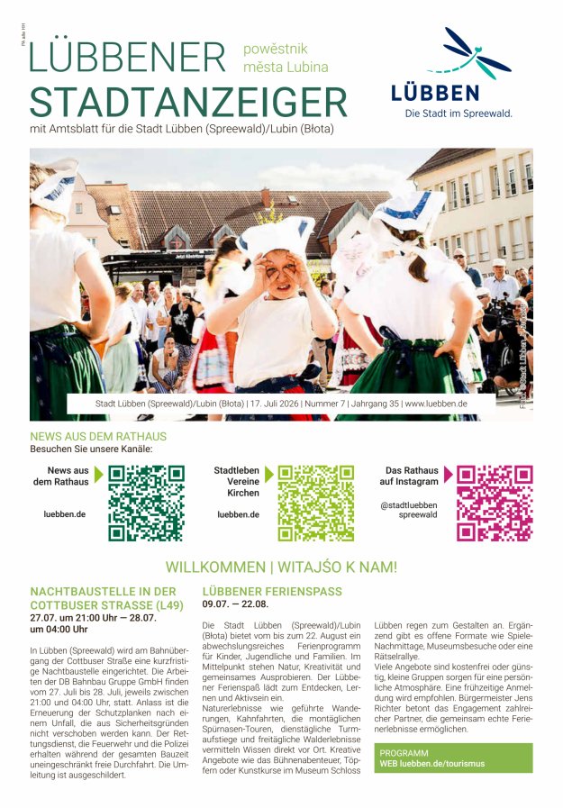 Lübbener Stadtanzeiger mit Amtsblatt für die Stadt Lübben (Spreewald) Titelblatt 07/2026