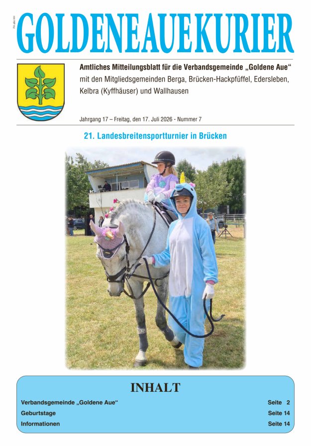 Goldene Aue Kurier – Amtliches Mitteilungsblatt für die Verbandsgemeinde "Goldene Aue" Titelblatt 07/2026