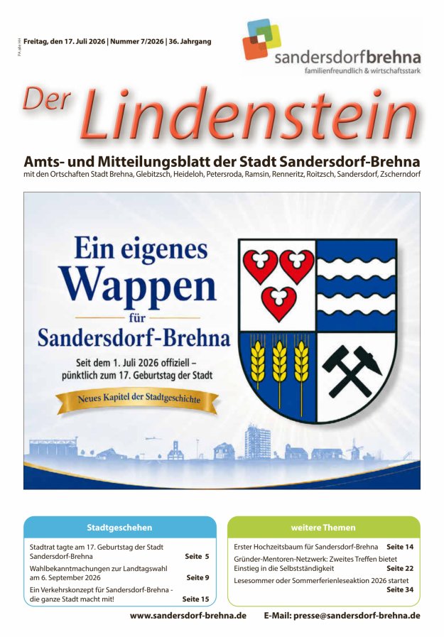 Der Lindenstein Amts- und Mitteilungsblatt der Stadt Sandersdorf-Brehna Titelblatt 07/2026