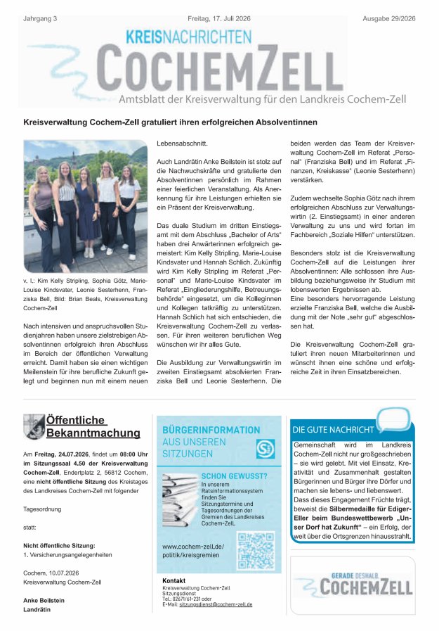 Kreisnachrichten Cochem-Zell Titelblatt 29/2026