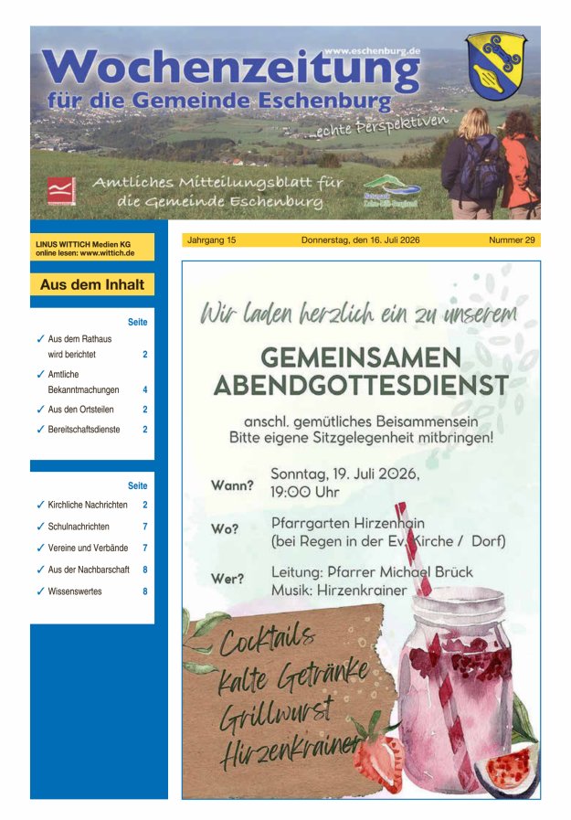 Wochenzeitung für die Gemeinde Eschenburg Titelblatt 29/2026