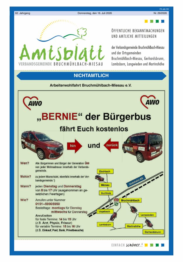 Amtsblatt der VG Bruchmühlbach-Miesau Titelblatt 29/2026