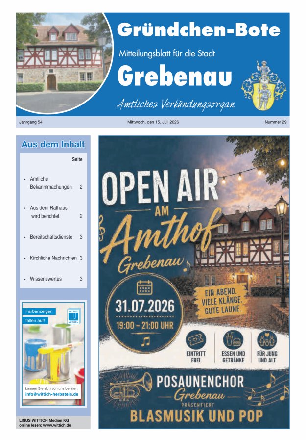 Grebenau - Gründchen Bote - Mitteilungsblatt für die Stadt Grebenau Titelblatt 29/2026