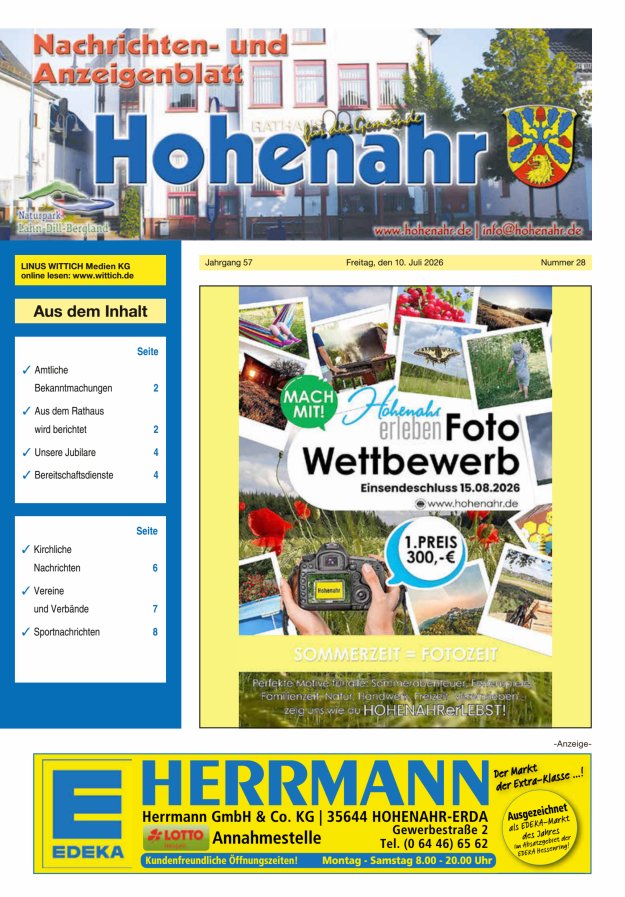 Nachrichten- und Anzeigenblatt für die Gemeinde Hohenahr Titelblatt 28/2026