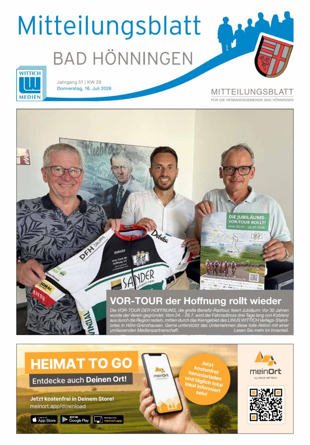 Mitteilungsblatt für den Bereich der Verbandsgemeinde Bad Hönningen Titelblatt 29/2026
