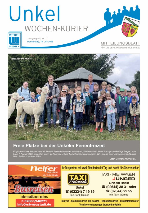 Wochen-Kurier Verbandsgemeinde Unkel Titelblatt 17/2026