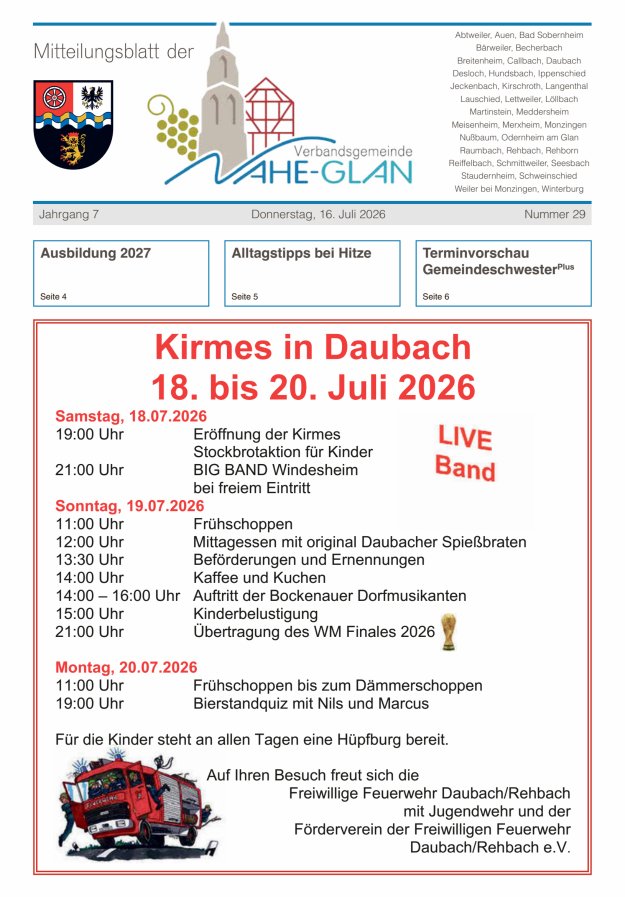 Mitteilungsblatt für die Verbandsgemeinde Nahe-Glan Titelblatt 29/2026