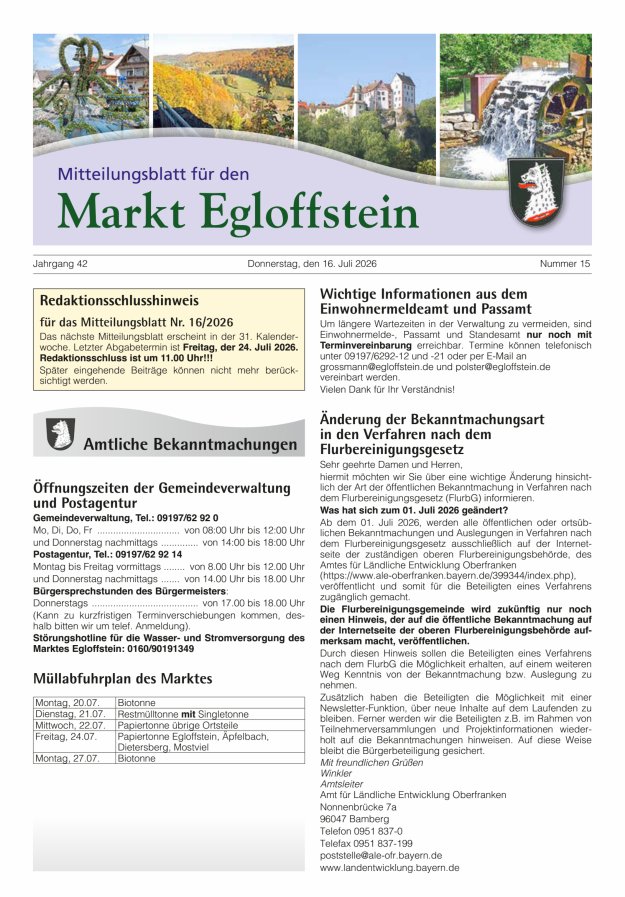 Mitteilungsblatt für den Markt Egloffstein Titelblatt 15/2026