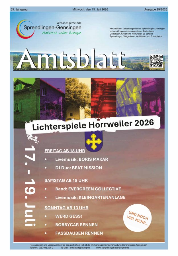 Amtsblatt VG Sprendlingen-Gensingen Titelblatt 29/2026