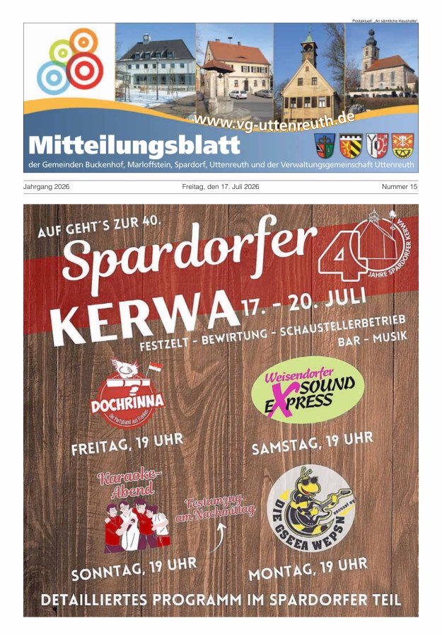 Mitteilungsblatt der Verwaltungsgemeinschaft Uttenreuth Titelblatt 15/2026