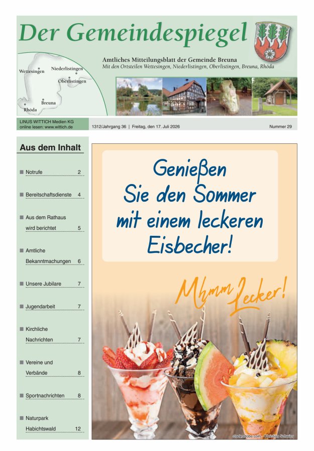 Der Gemeindespiegel (Breuna) Titelblatt 29/2026