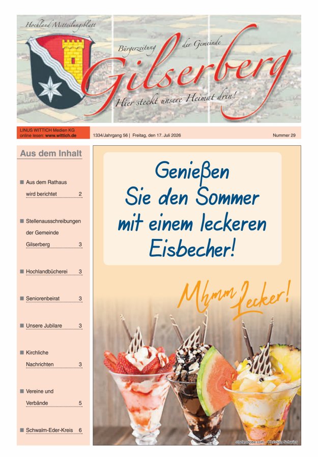 Hochland Mitteilungsblatt Gilserberg Titelblatt 29/2026