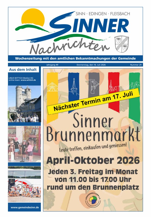 Sinner Nachrichten Titelblatt 29/2026