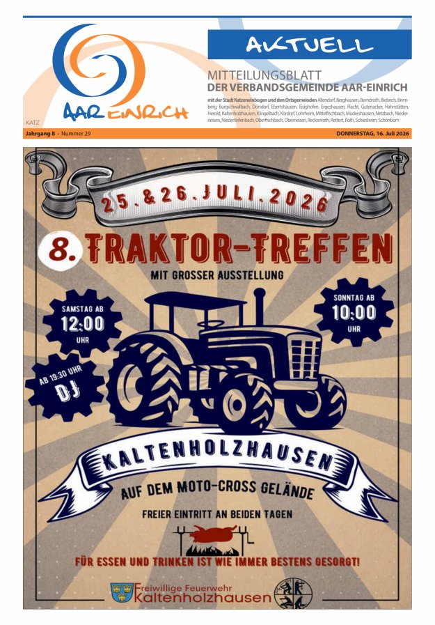 Mitteilungsblatt der Verbandsgemeinde Aar-Einrich Ausgabe Katzenelnbogen Titelblatt 28/2026