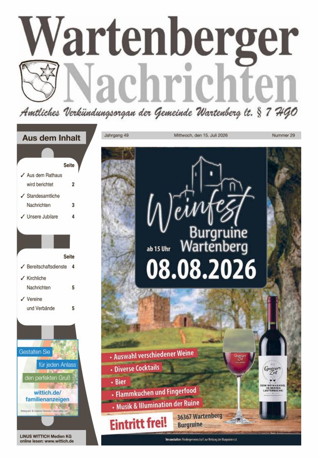 Wartenberger Nachrichten Titelblatt 29/2026