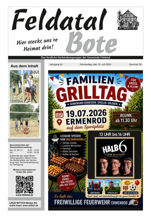 Das Amtliche Verkündungsorgan der Gemeinde Feldatal Titelblatt 29/2026