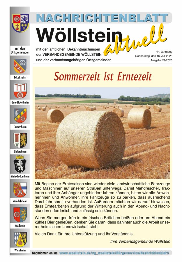 Nachrichtenblatt Wöllstein aktuell Titelblatt 29/2026