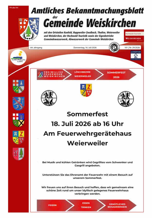 Amtliches Bekanntmachungsblatt der Gemeinde Weiskirchen Titelblatt 29/2026