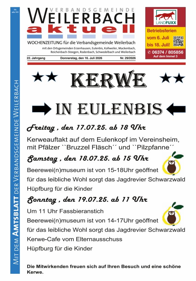 Verbandsgemeinde Weilerbach aktuell Titelblatt 29/2026